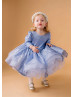 Long Sleeves Blue Glitter V Back Flower Girl Dress